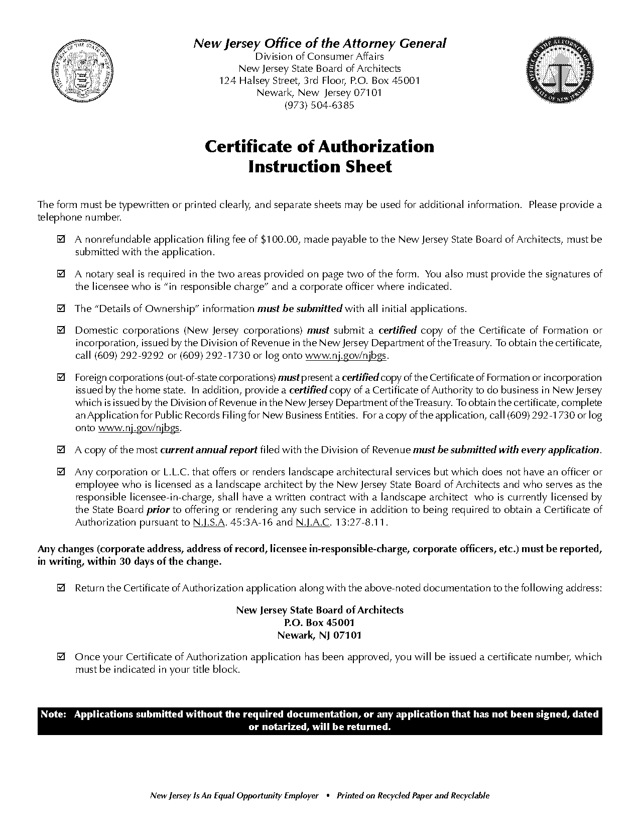 file for taxes for certificate of authority nj