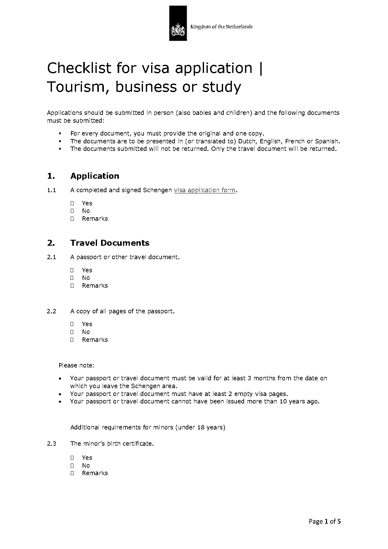 tourist visa checklist schengen