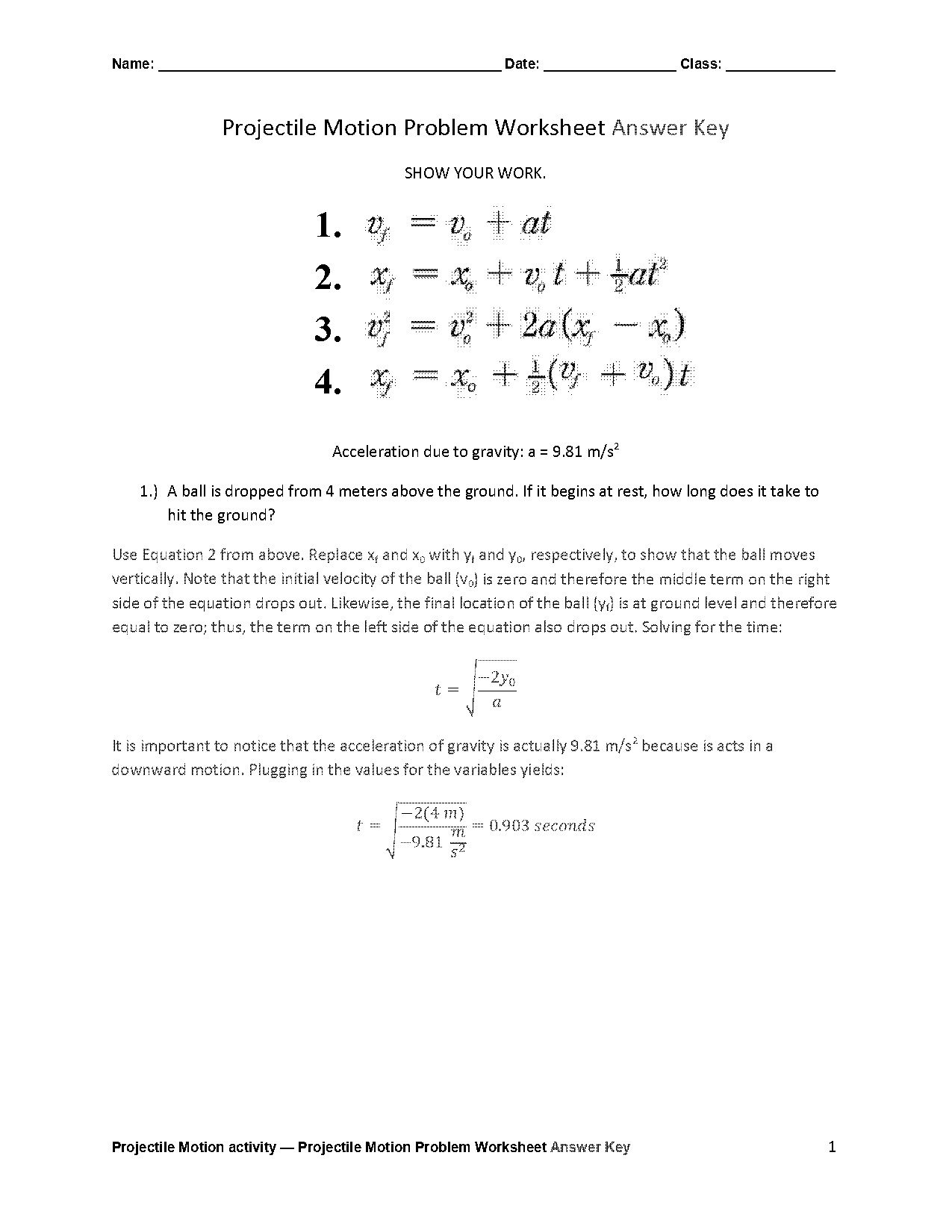 pltw worksheet projectile problems answers