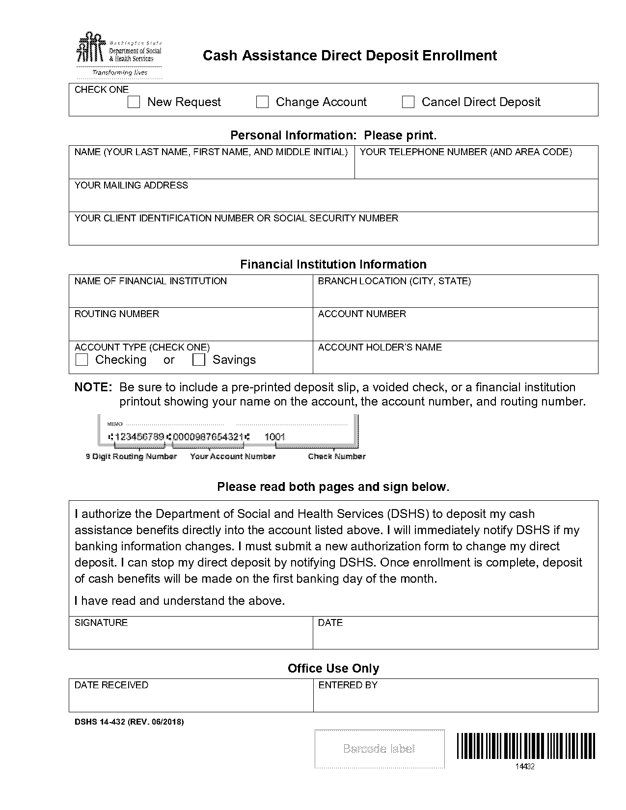 bank form for cash change