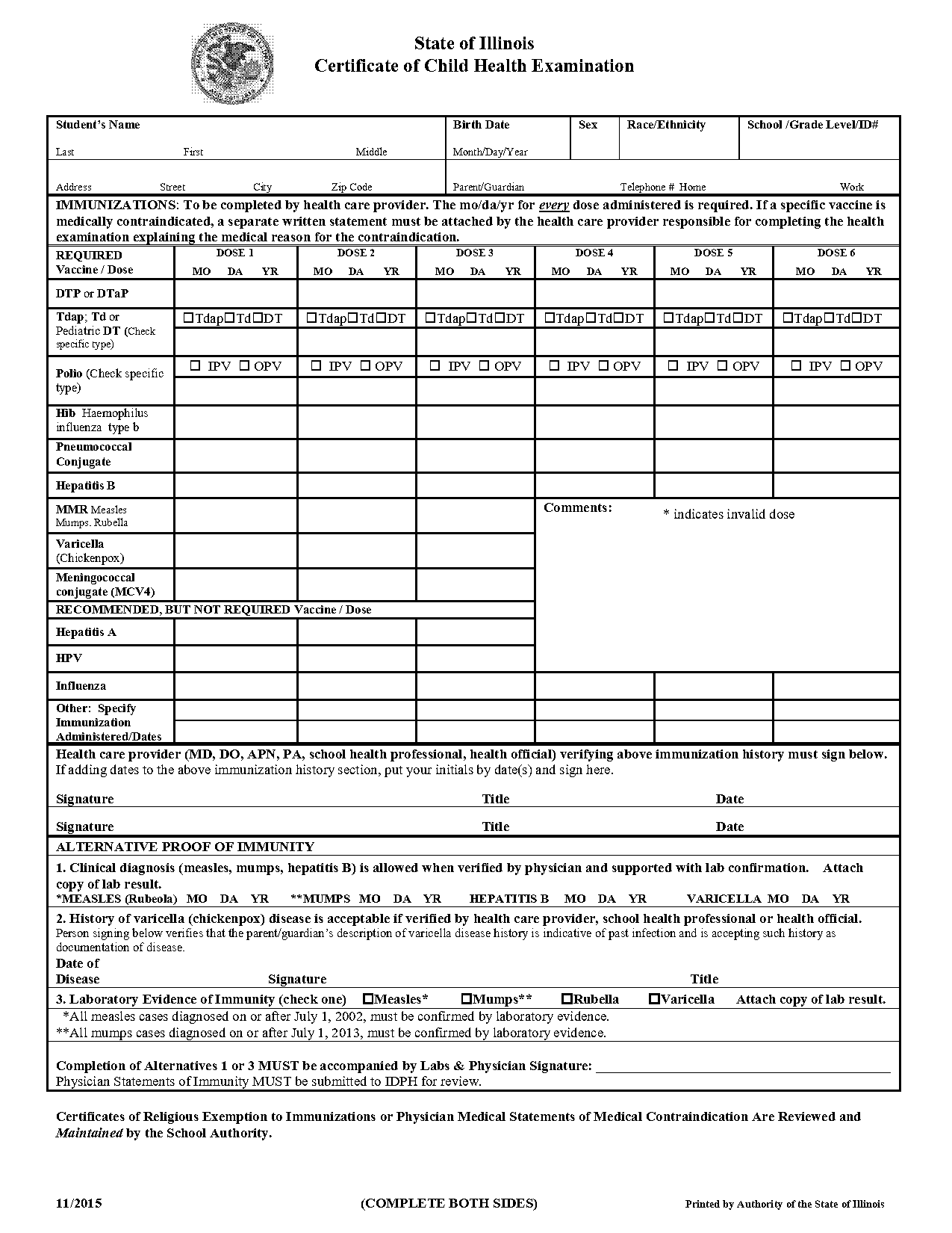 department health physical form