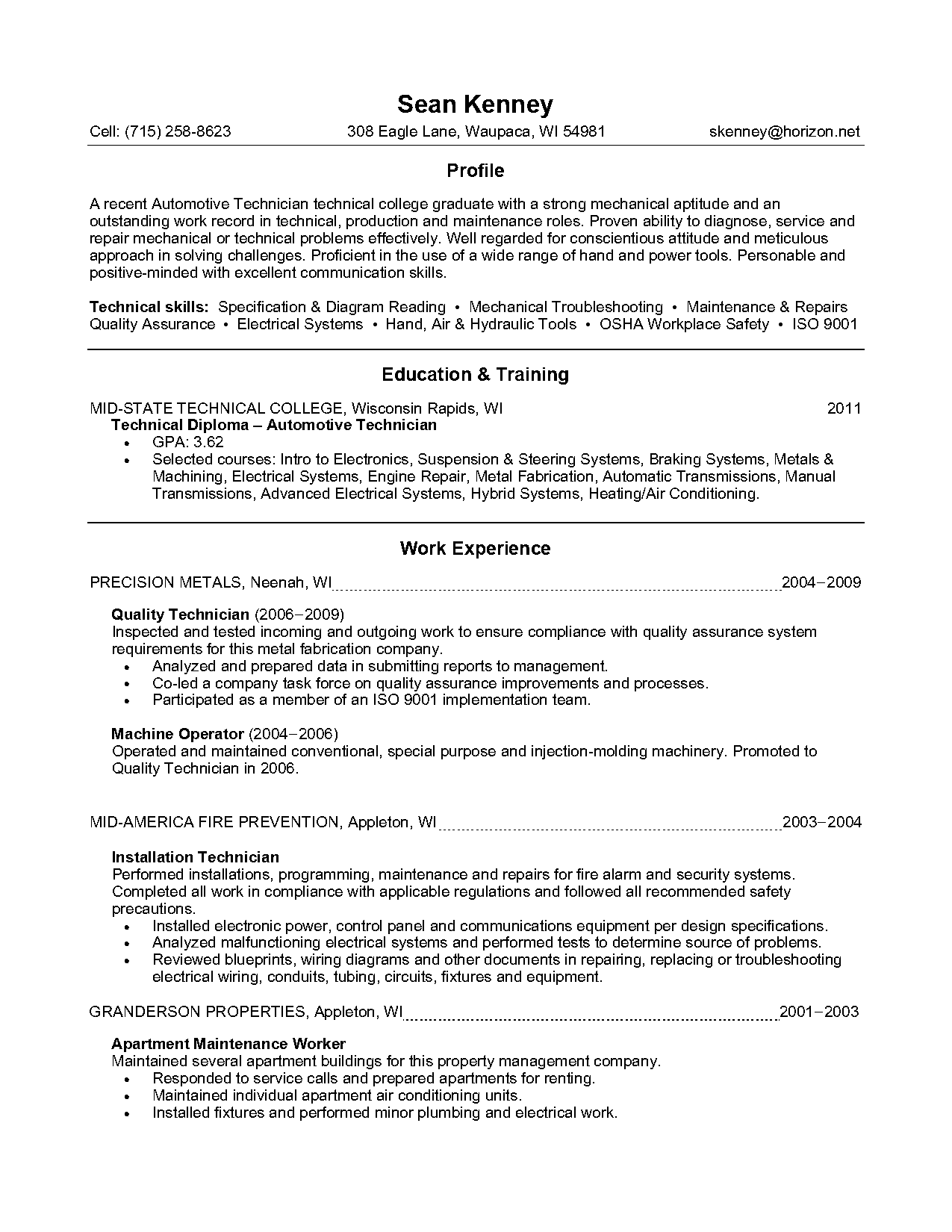 fire fighting technician resume sample