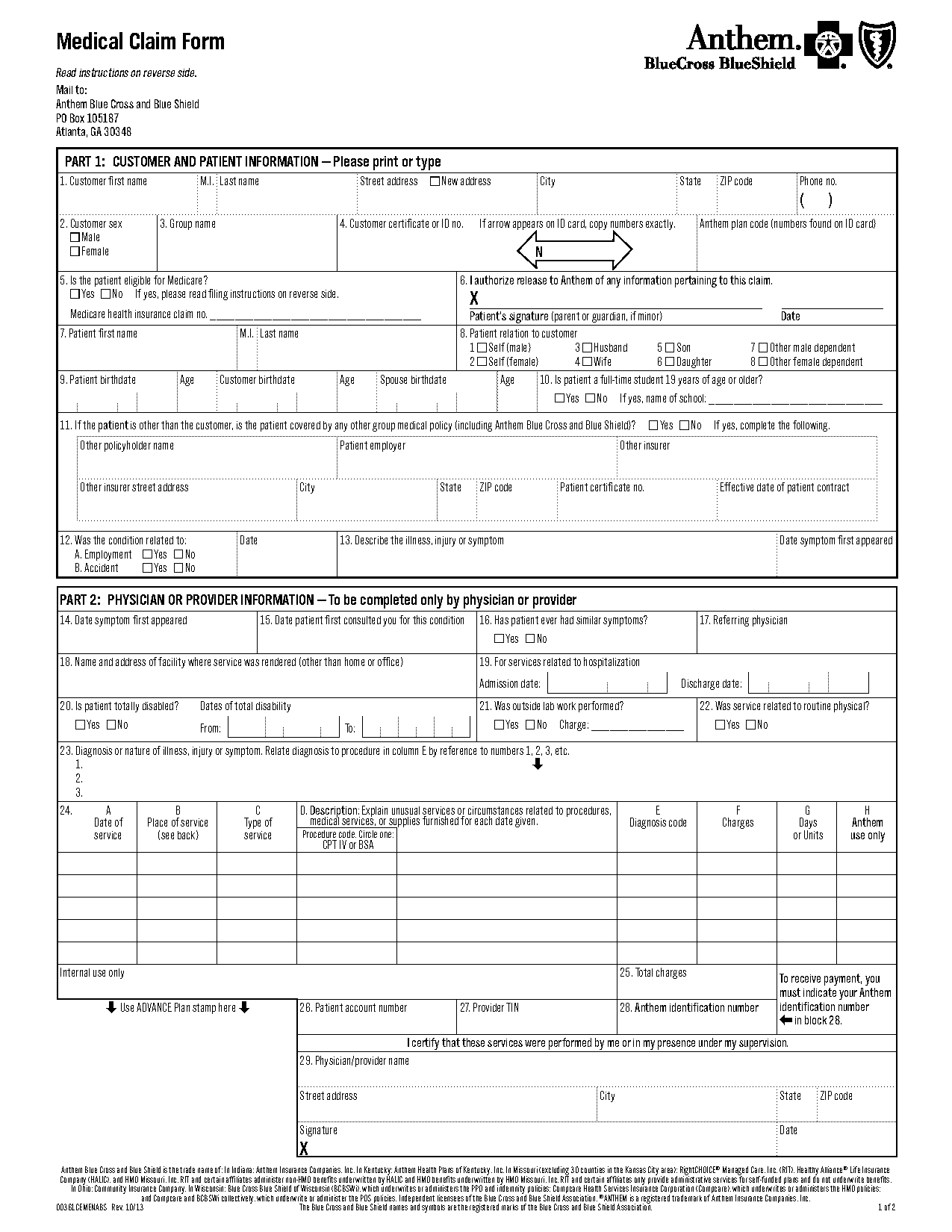 anthem customer claims form