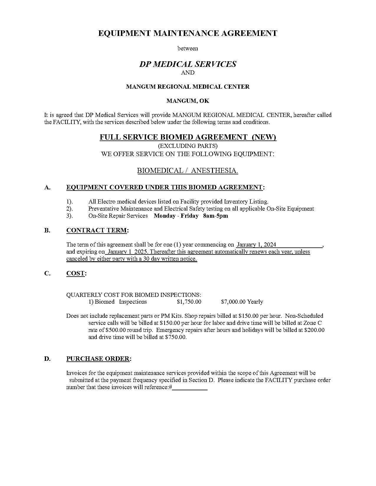 equipment maintenance agreement template