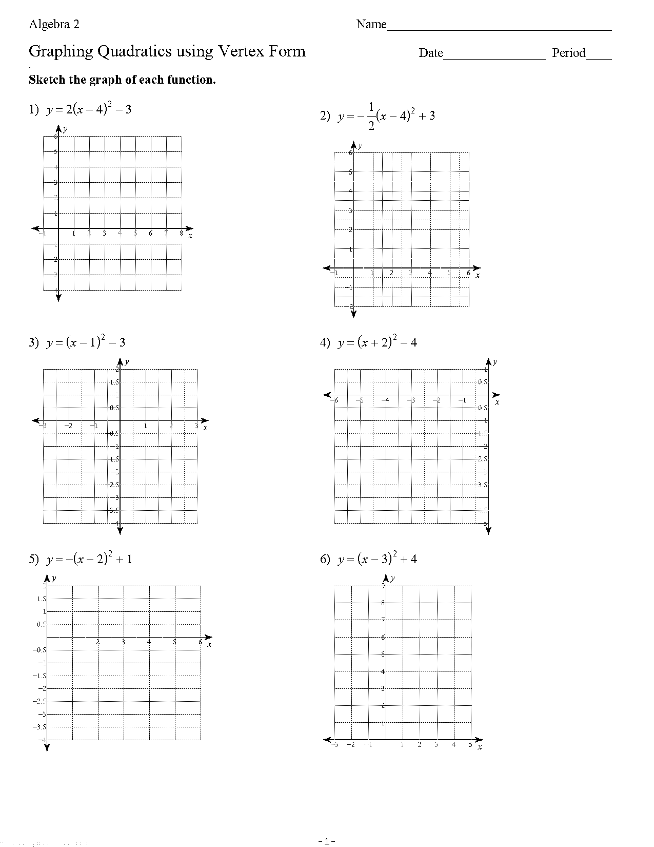 vertex form worksheets graphing