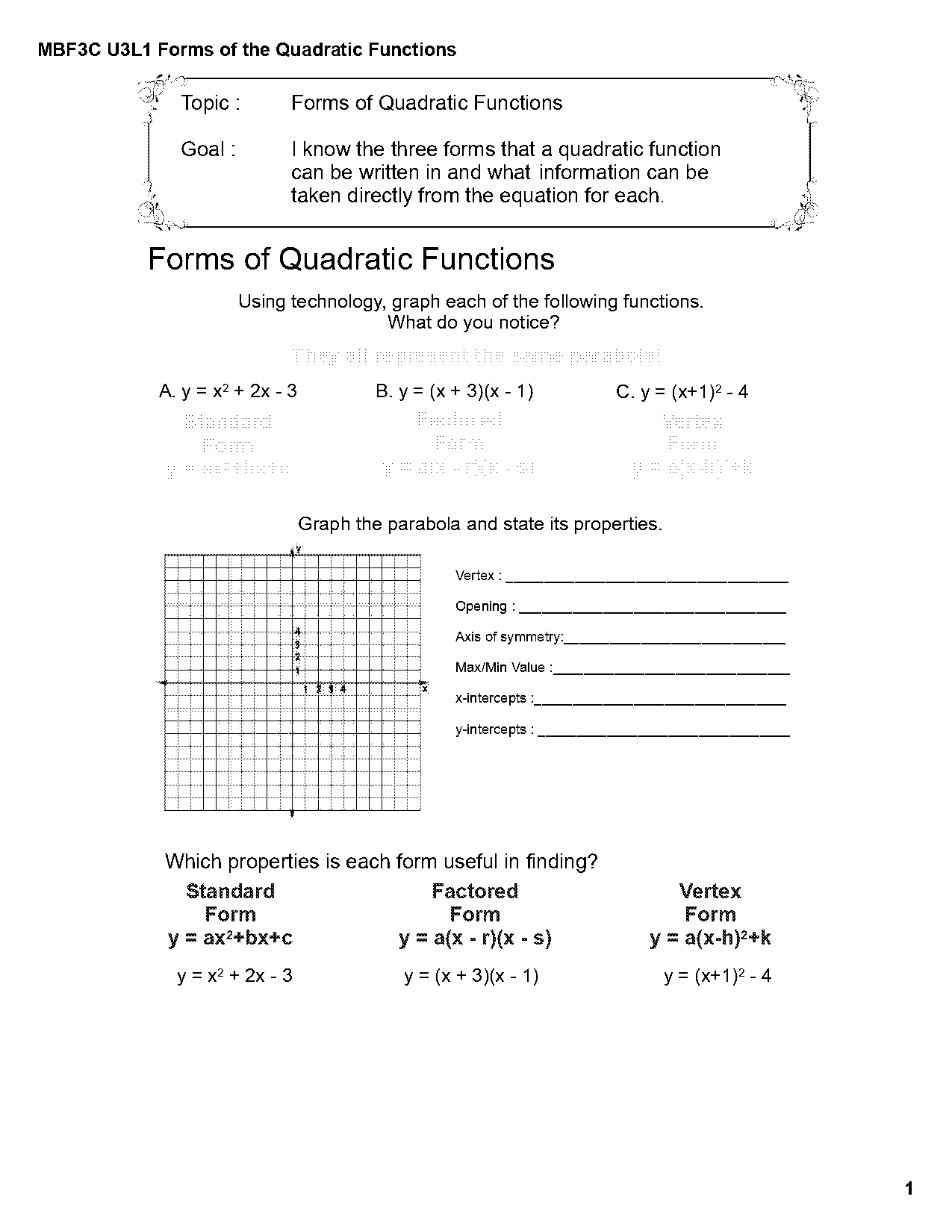 quadratic function to standard form worksheet pdf