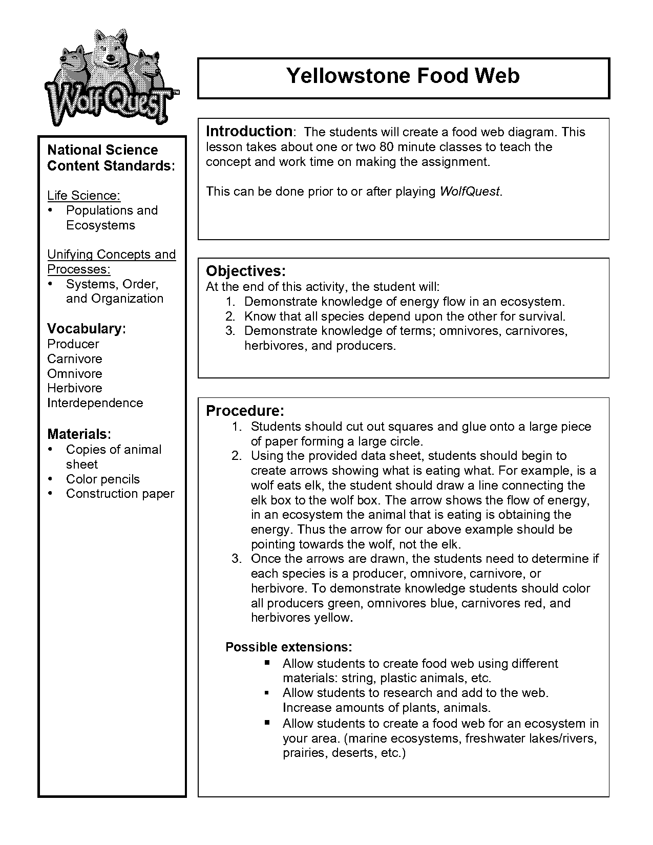 yellowstone food web worksheet answers