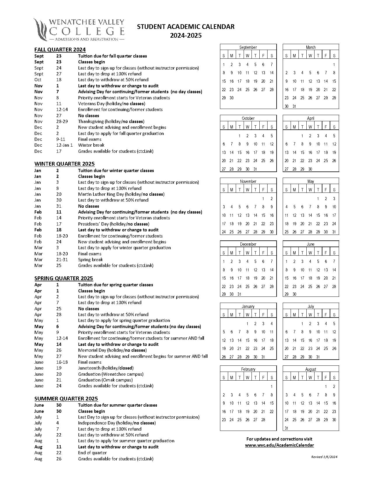 wenatchee valley college term dates