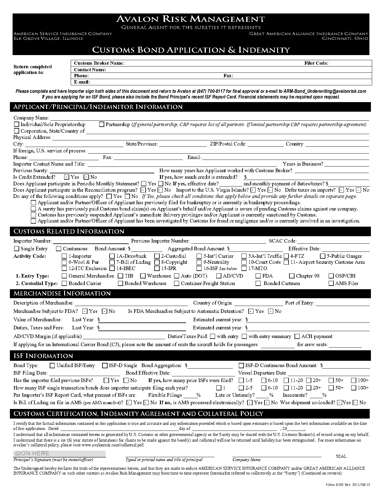 avalon risk management customs bond application