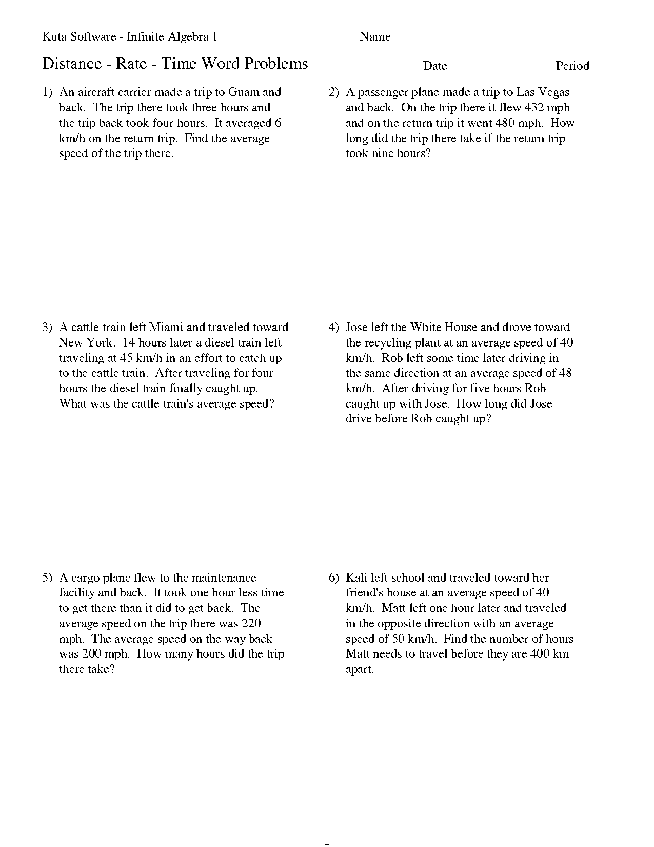 distance time equation worksheet