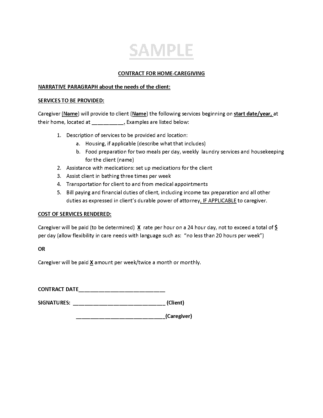 sample care giver contract