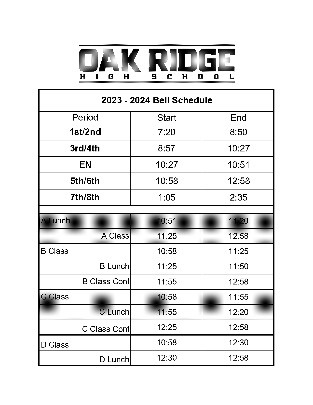 bell schedule oak ridge high school