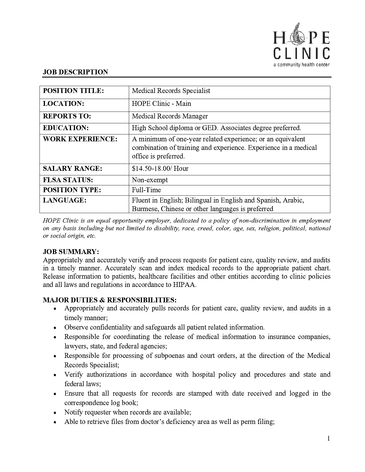 health records job description