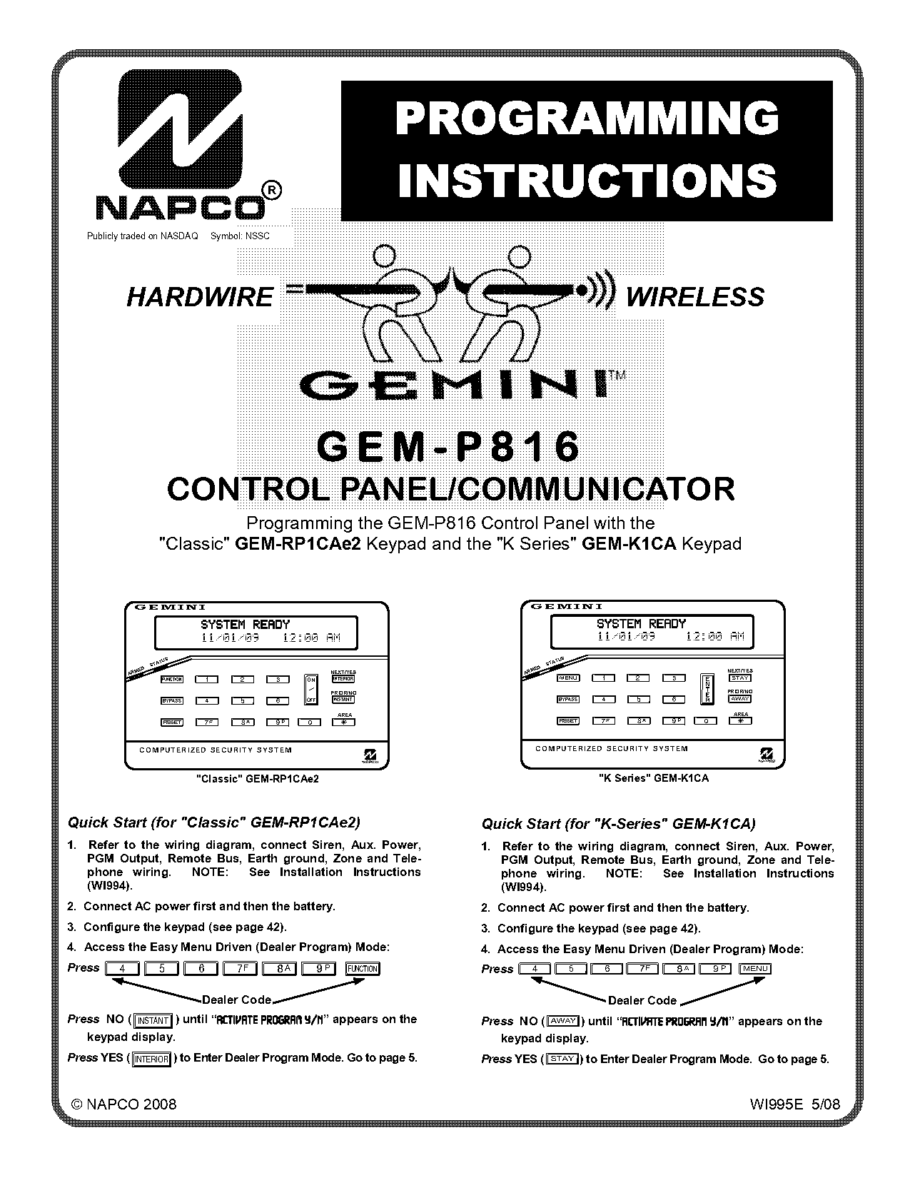 gemini napco computerized security system manual