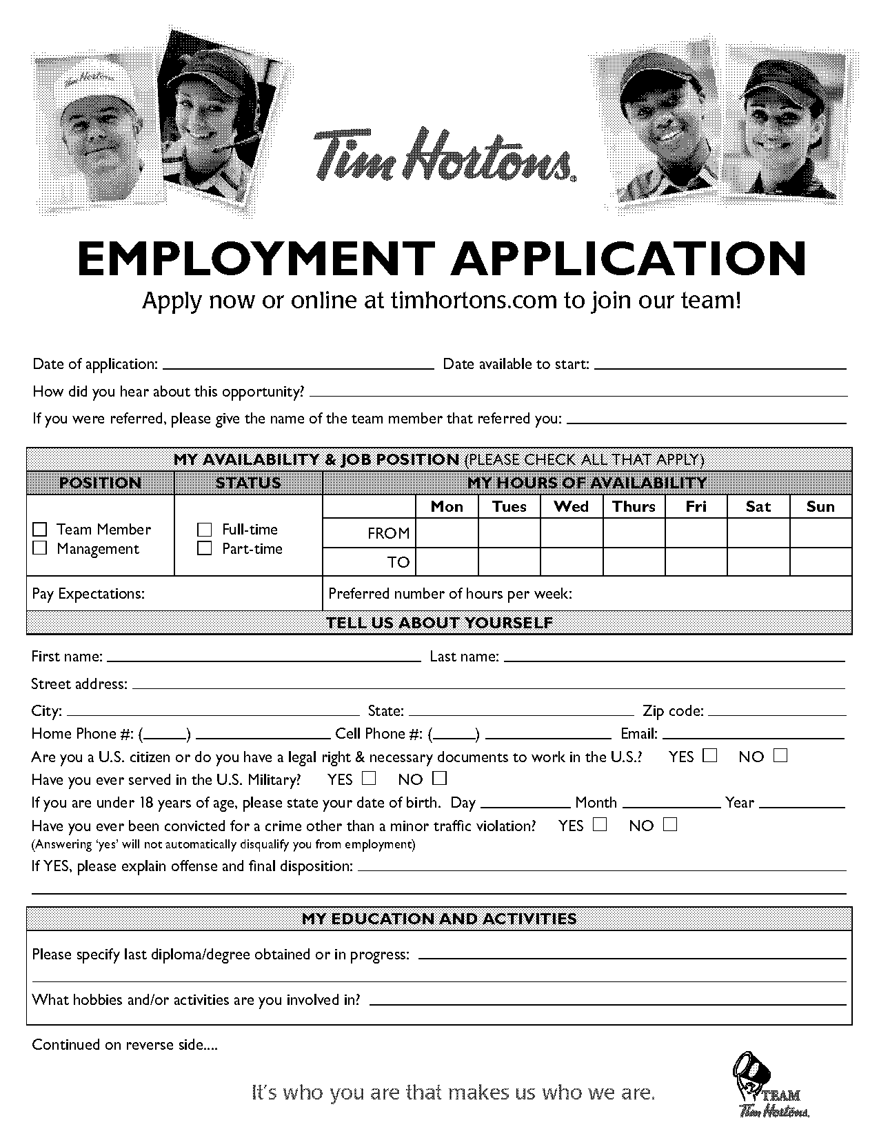 tim hortons application form filled out