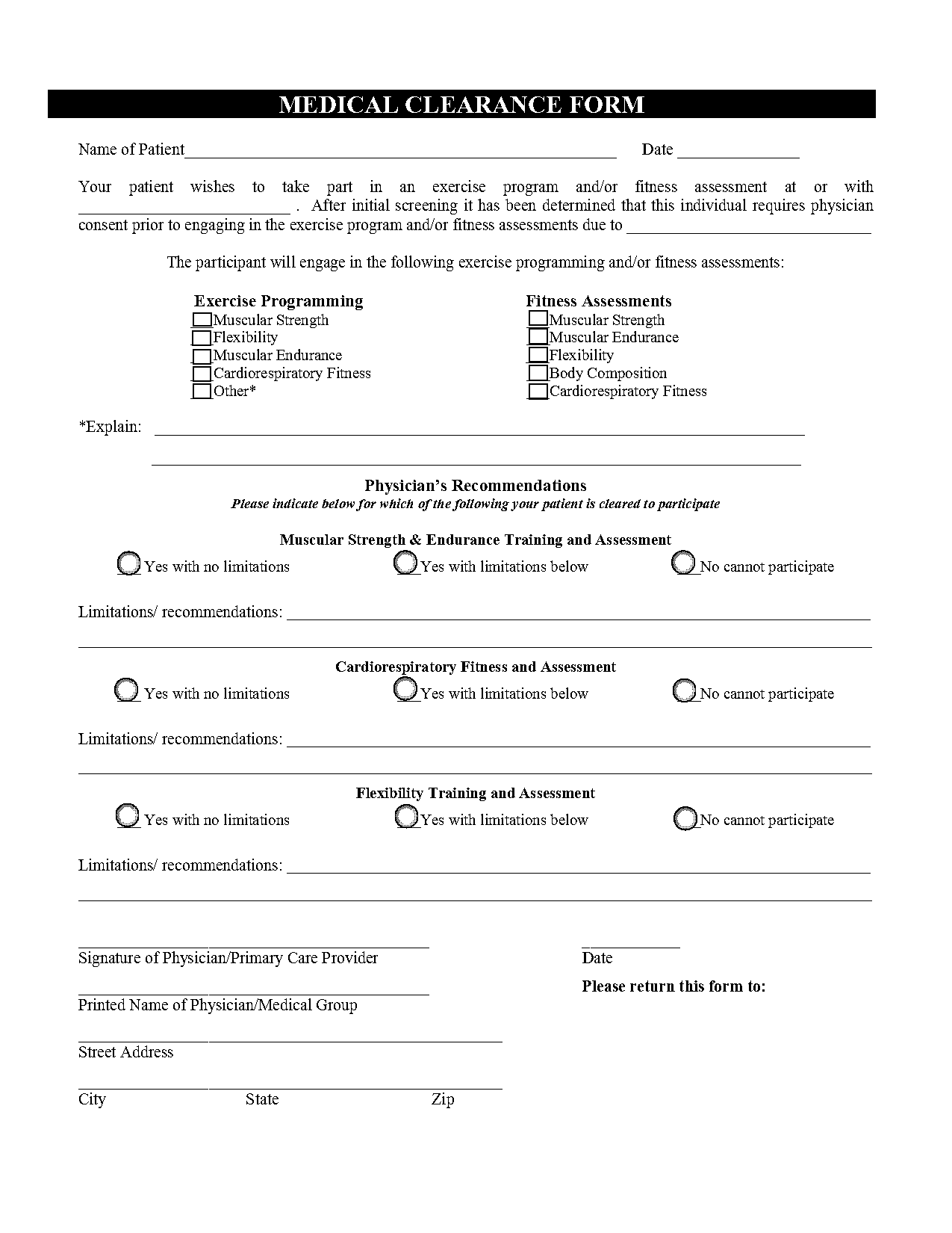 fitness medical clearance form