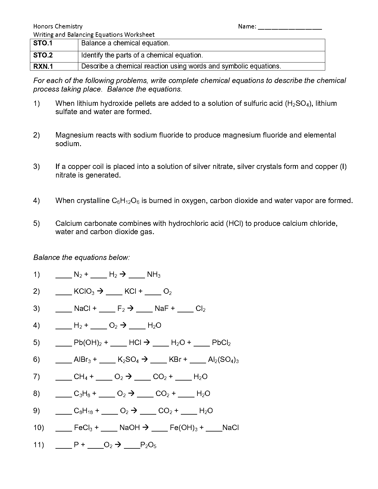 balancing equations worksheet word problems