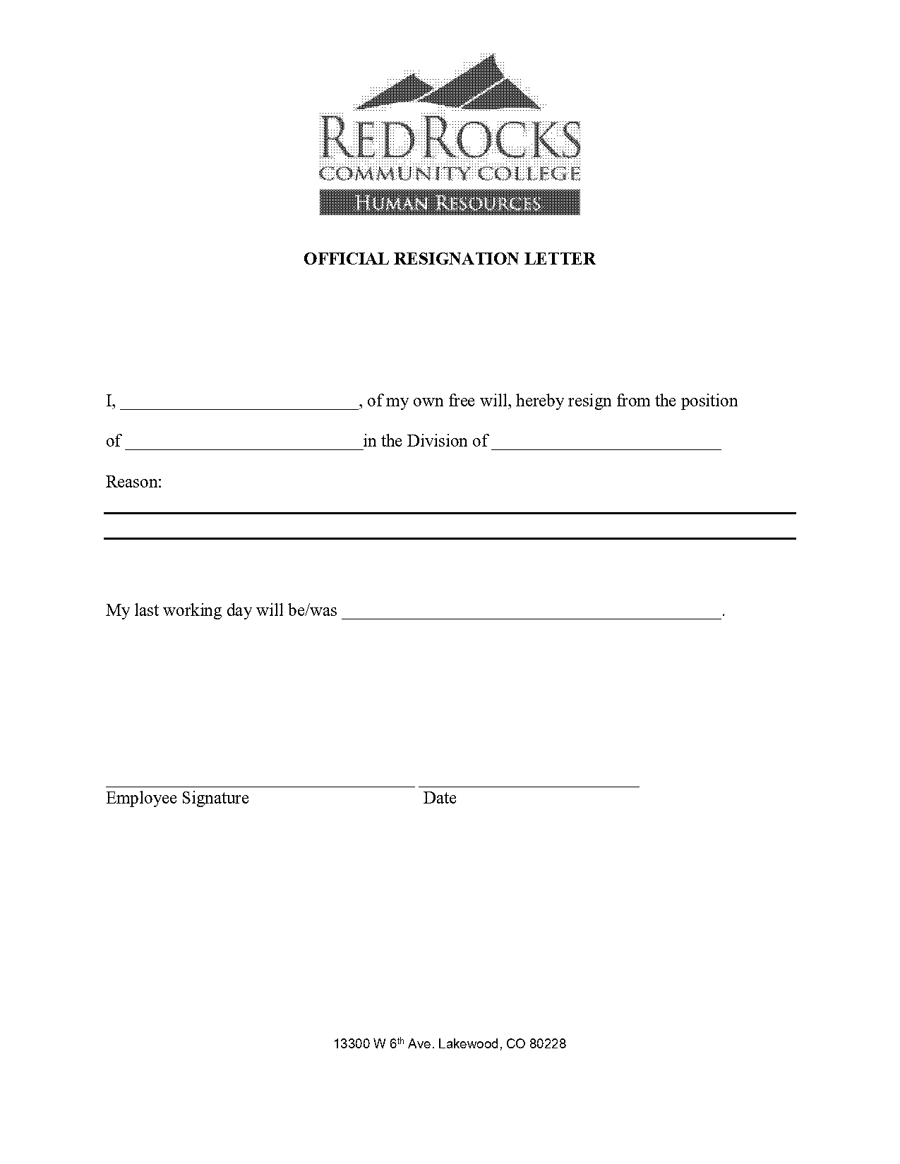 free fill in resignation letter