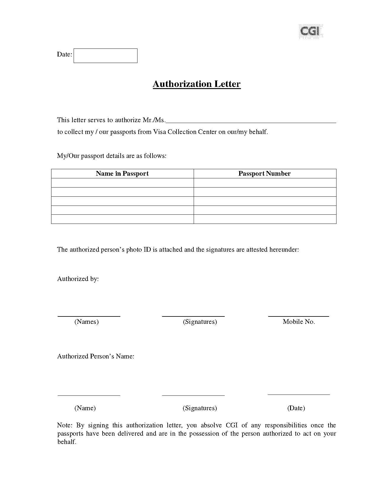 authorization letter template to collect passport