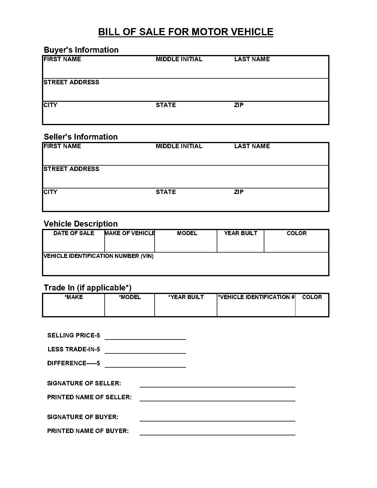 auto bill of sale template for a free car