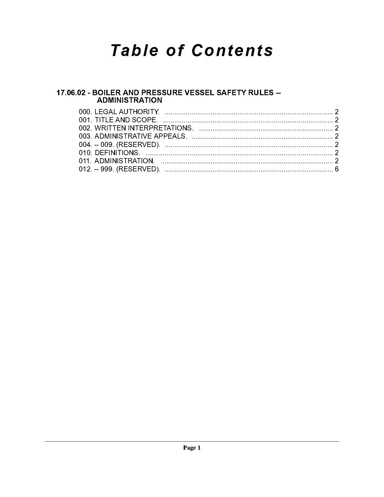 asme table of contents