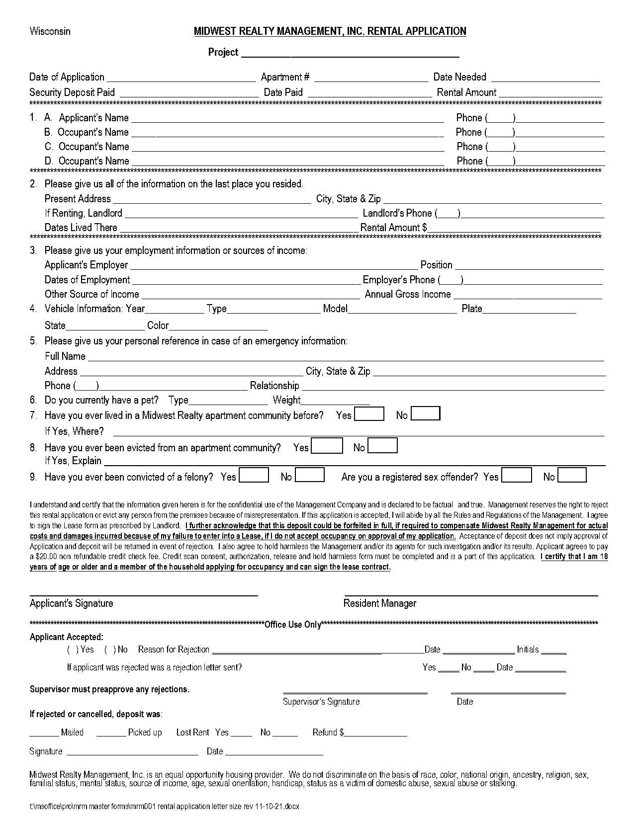 reject rental application letter