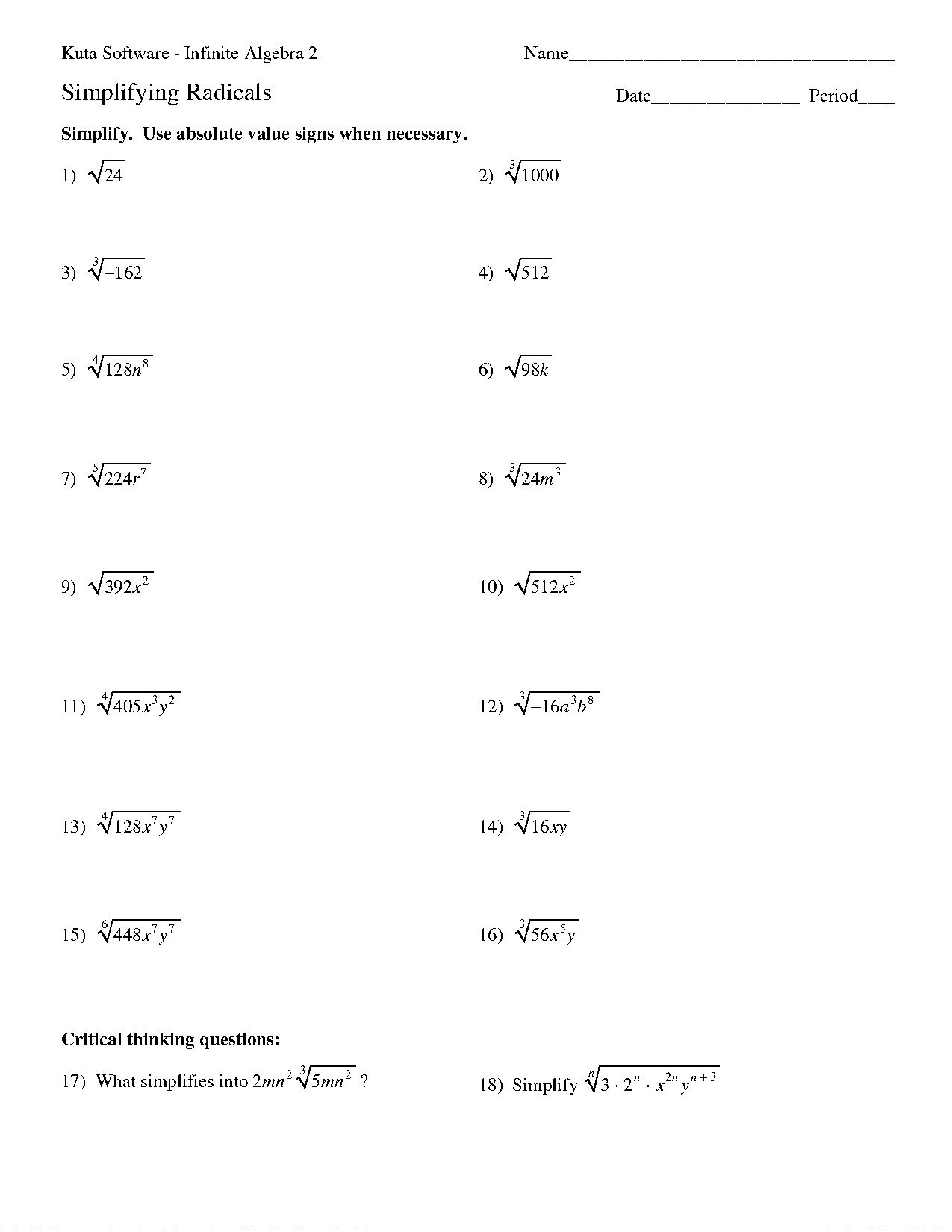 simplifying radicals fractions worksheet kuta