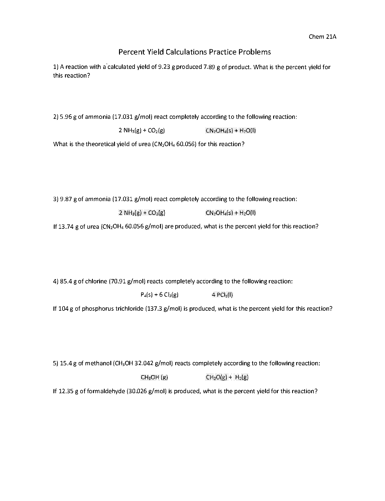 percent yield worksheet with answers