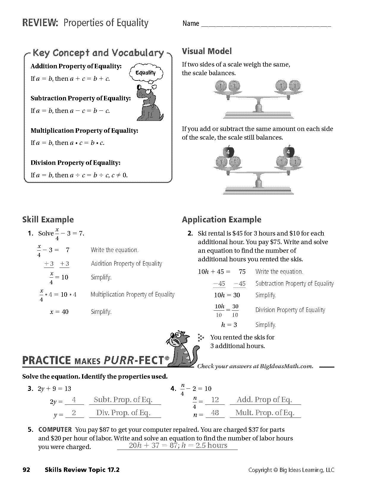 practice with properties worksheet answers