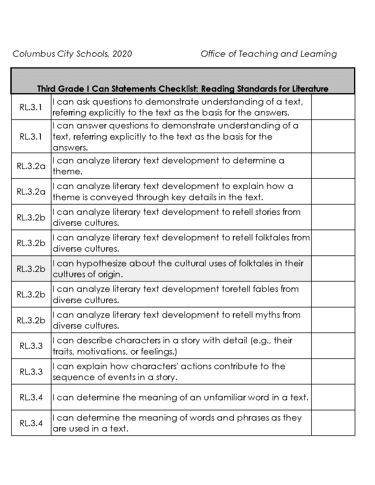 free first grade i can statements science checklist