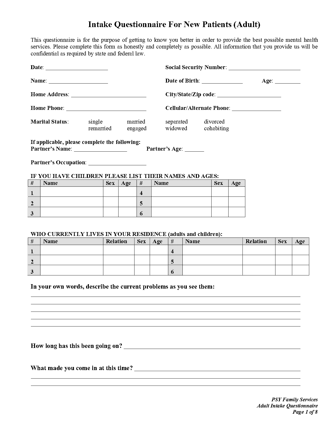 intake forms for mental health services