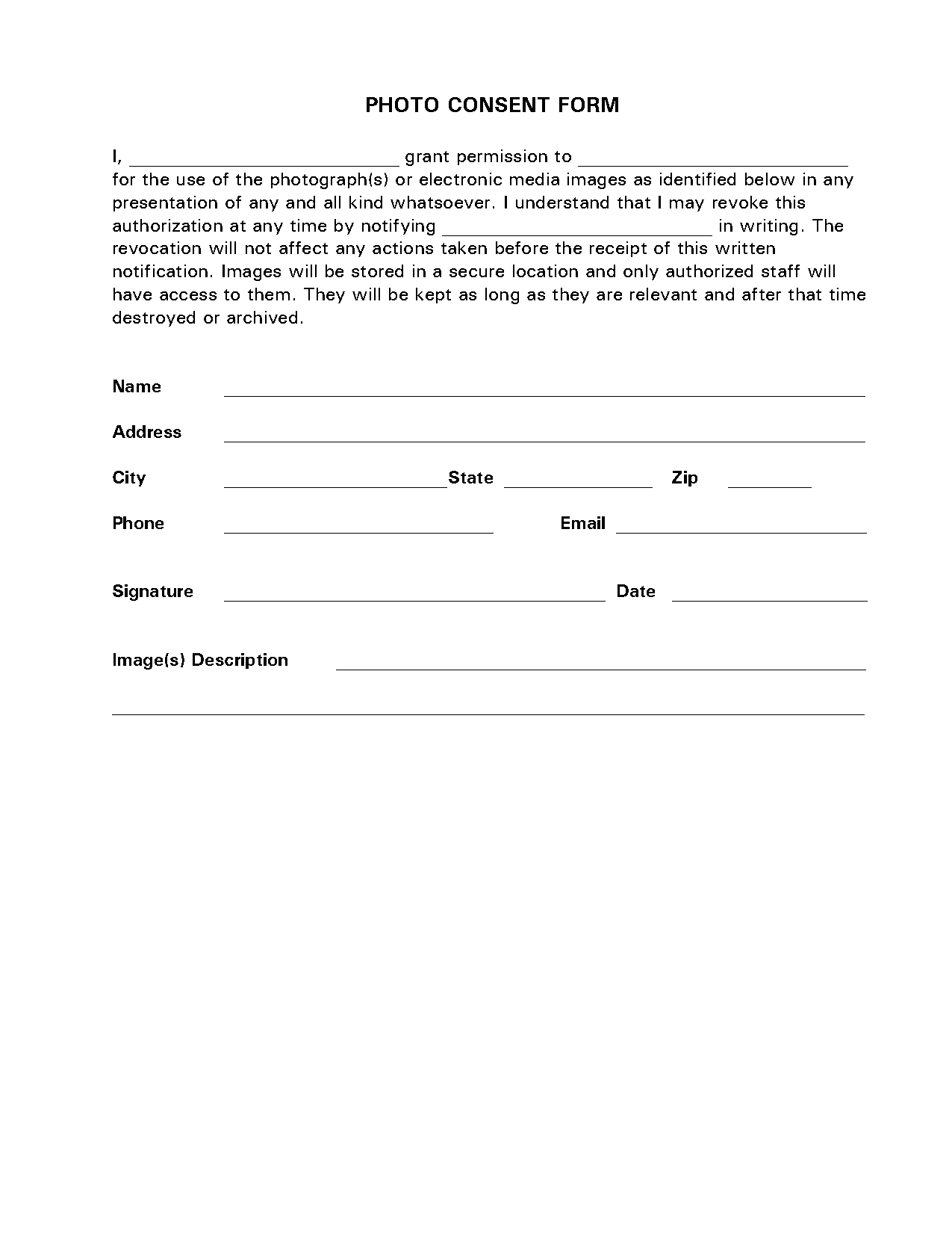 consent form for use of photographs