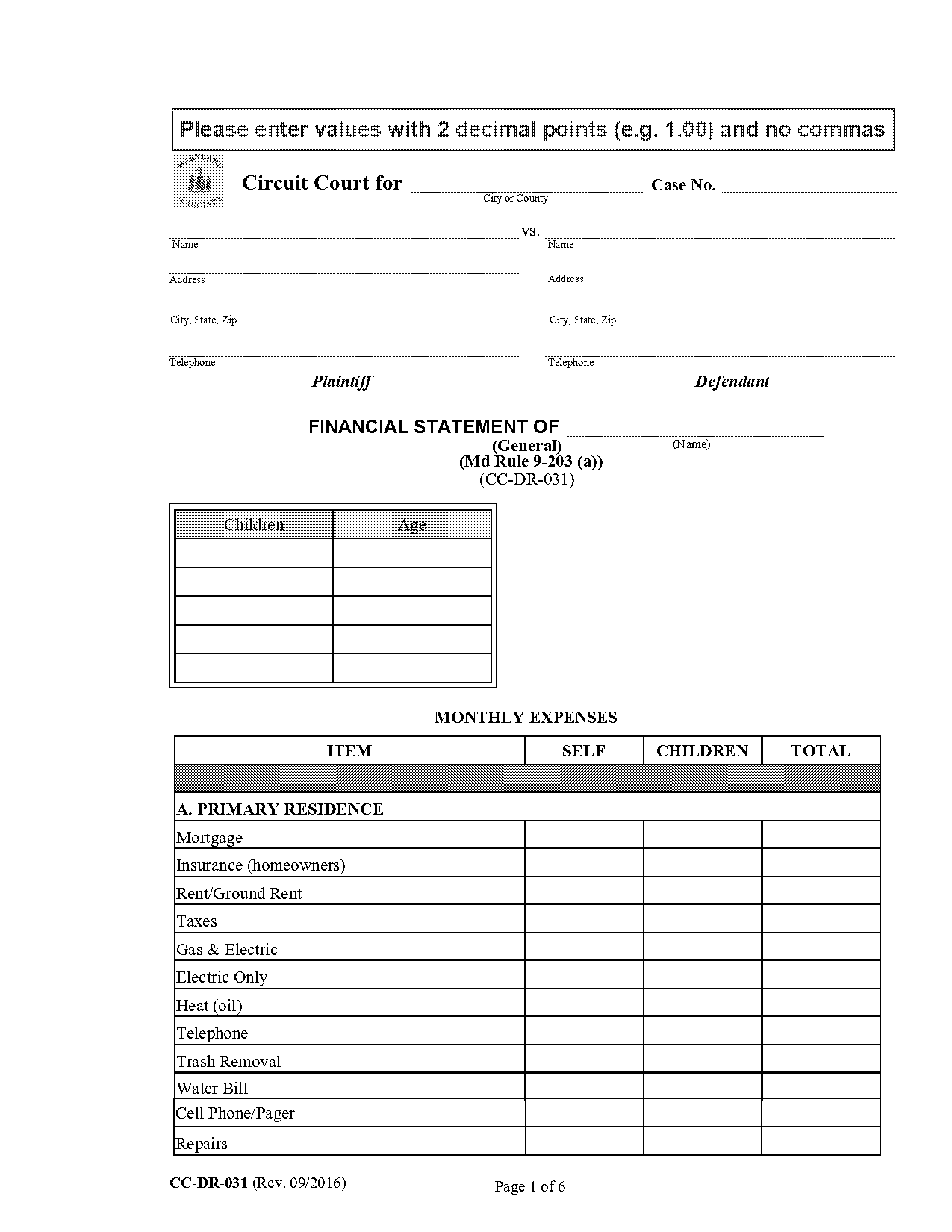 general form for financial statements sample