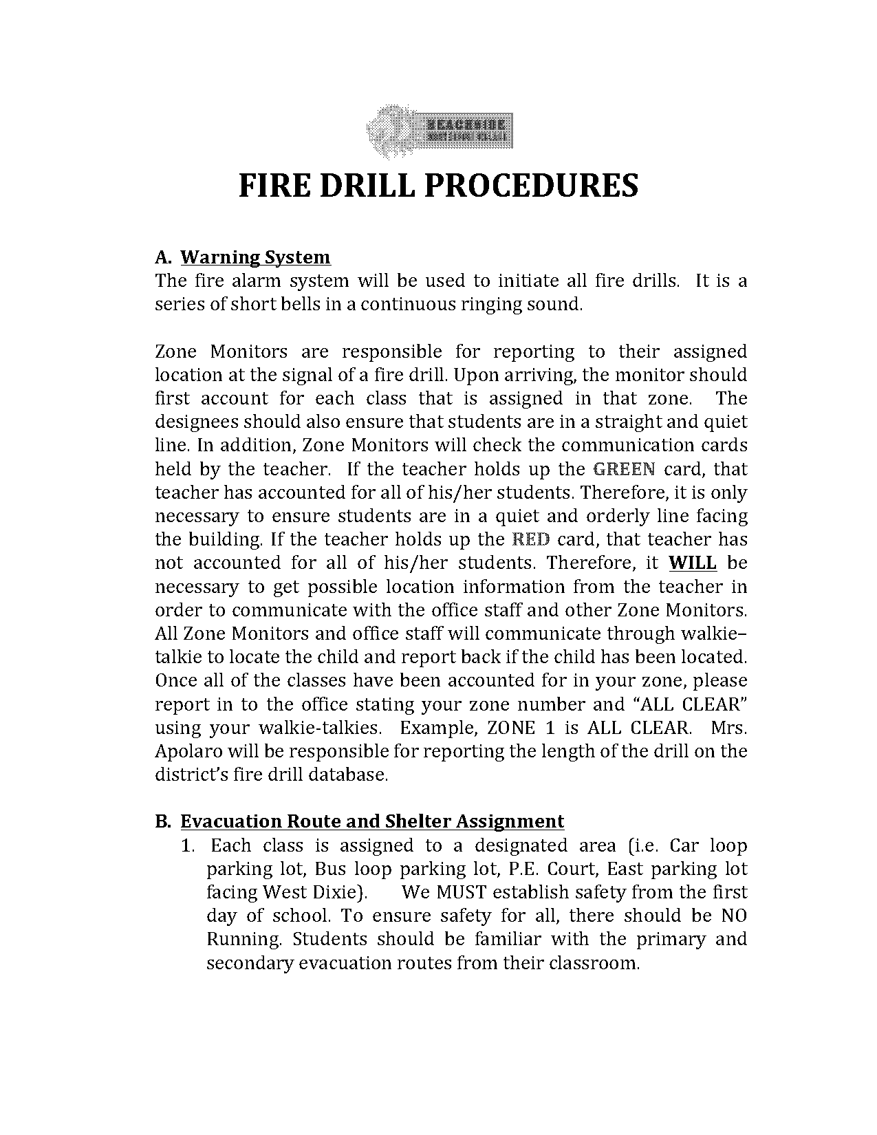 example of fire drill procedure