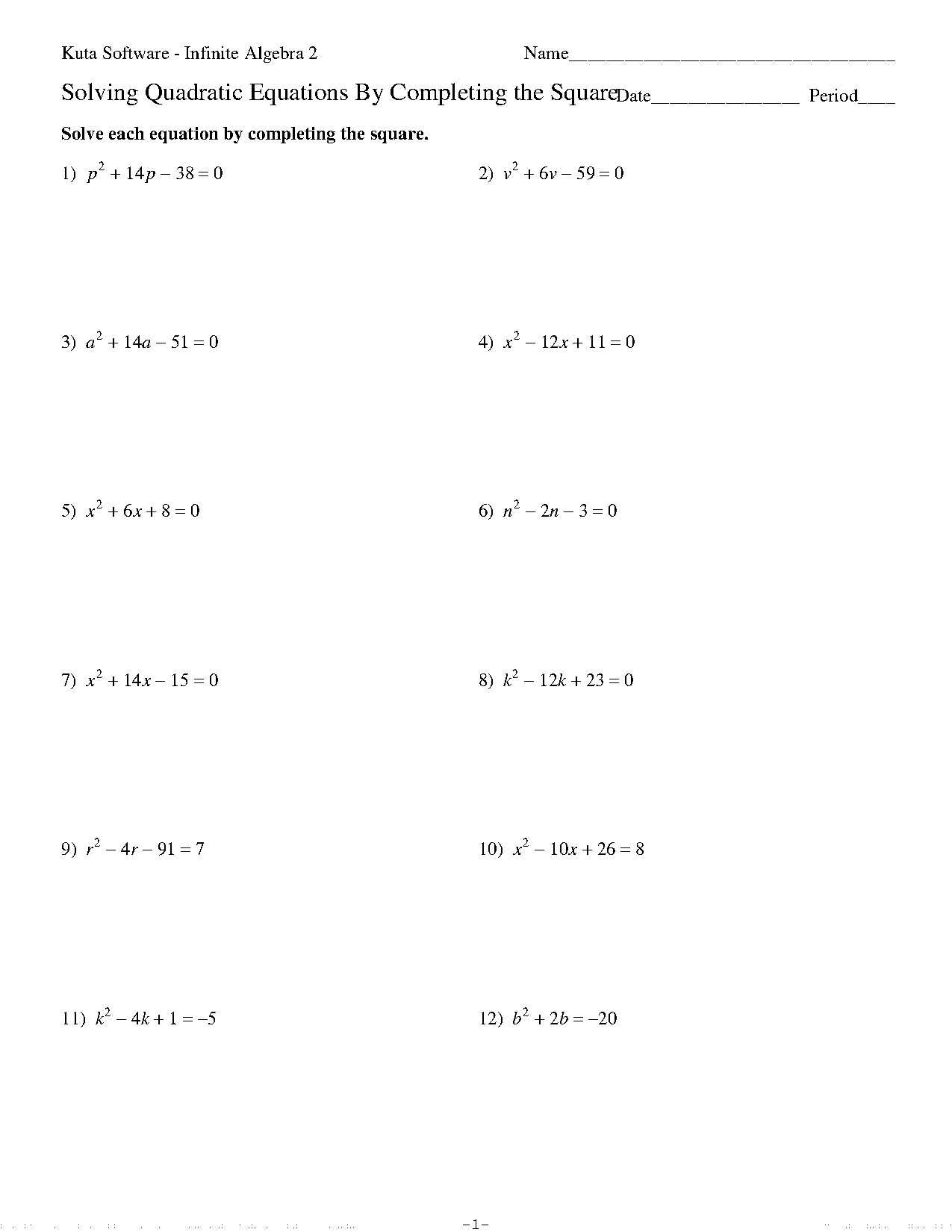 solving quadratic equations worksheet answer key