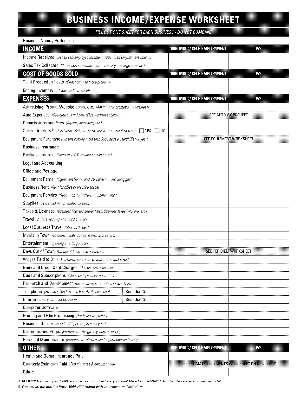 business spreadsheet for income and expenses