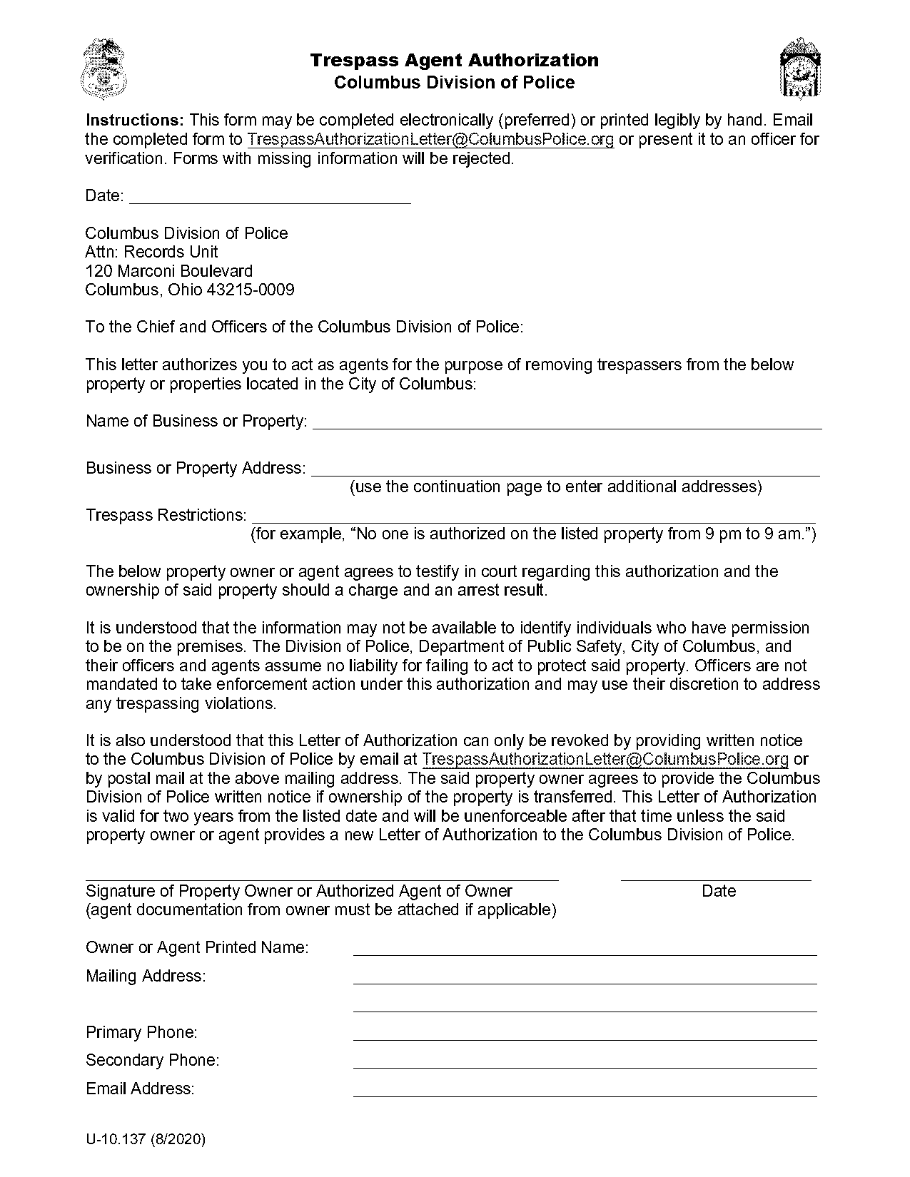 city of columbus authorization form