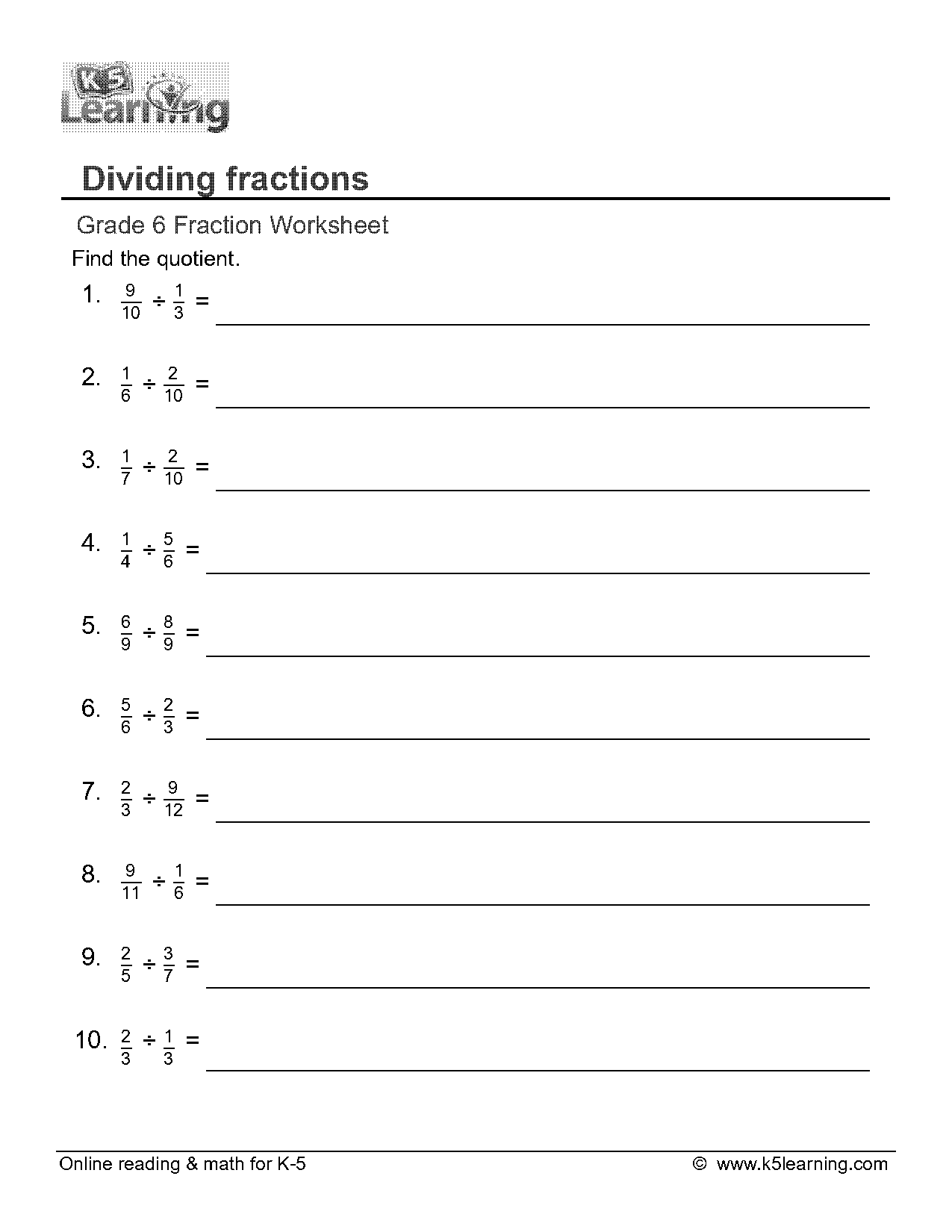 divide by fractions worksheet