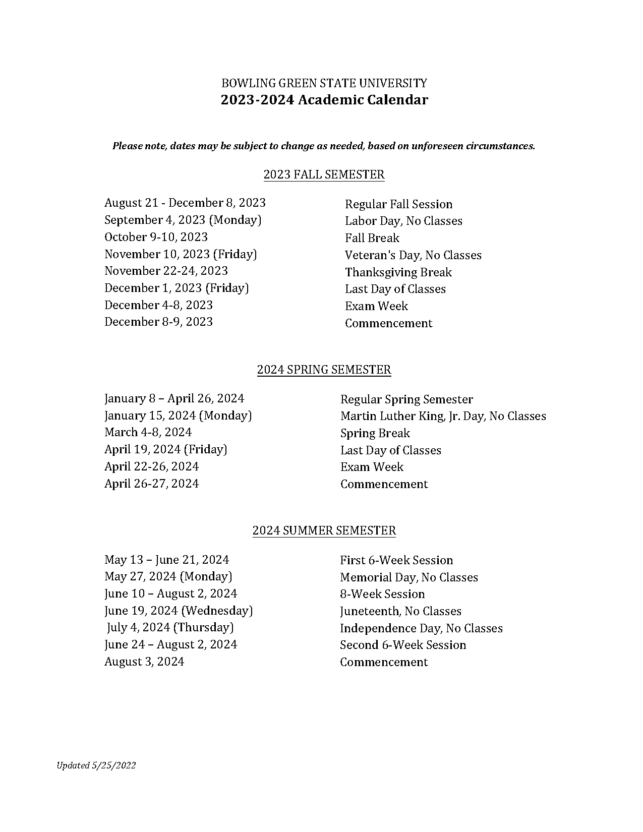 bgsu exam schedule spring