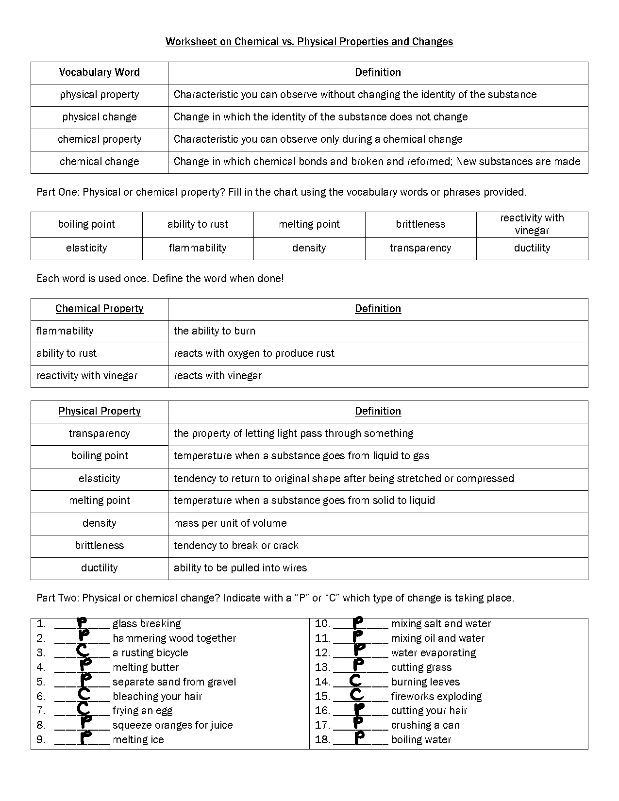 chemical versus physical properties worksheet