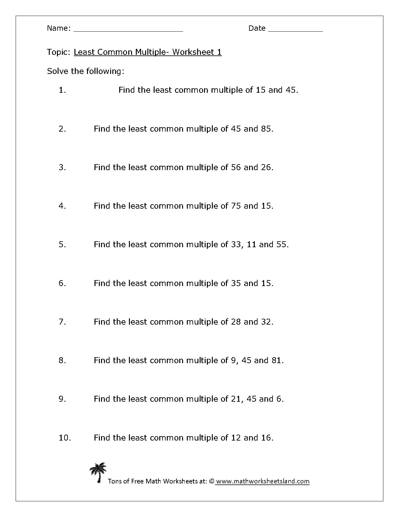 find the least common multiple worksheet