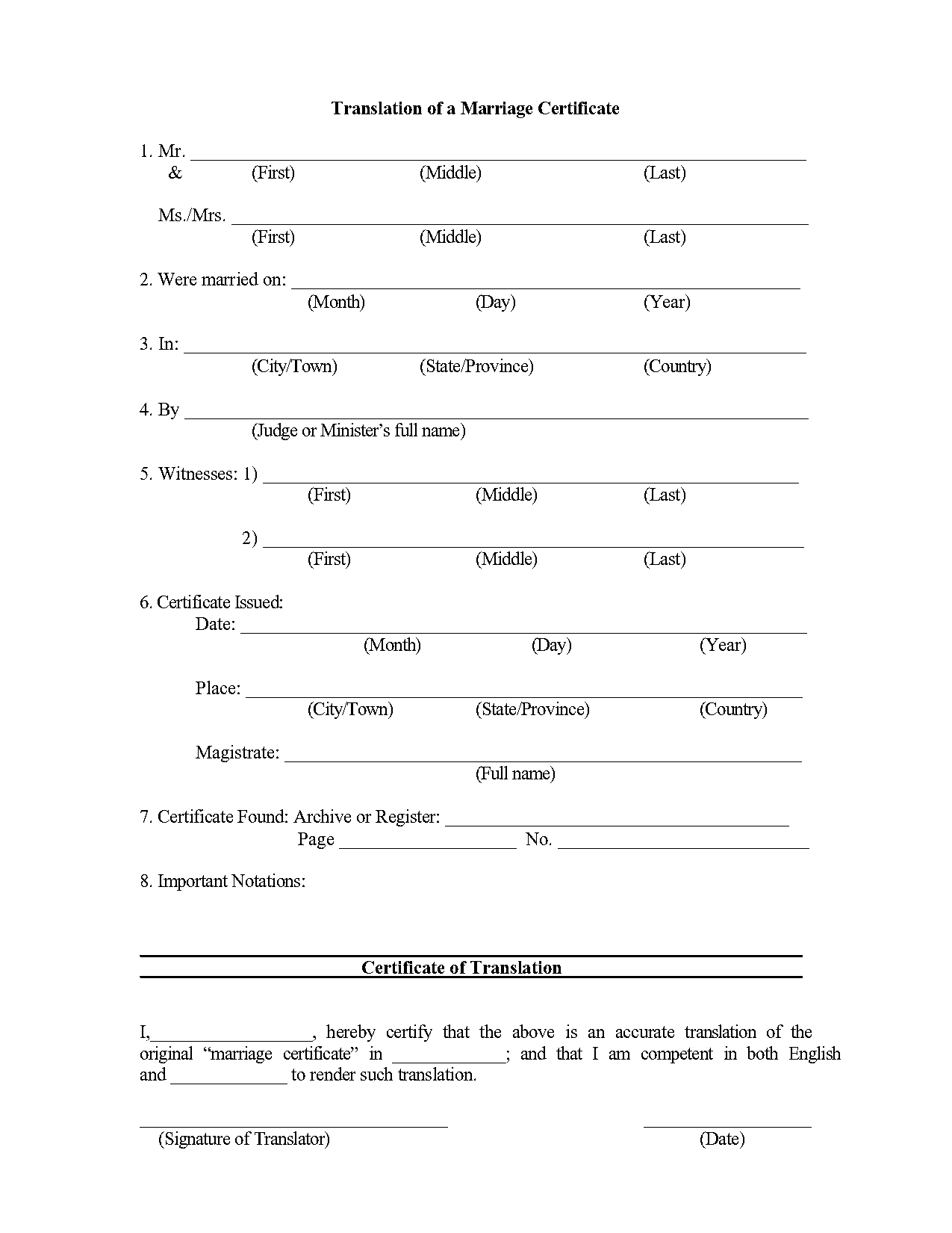 certificate of marriage translation sample ins