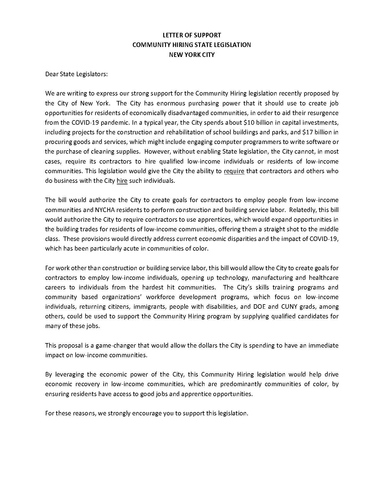 community letter of support