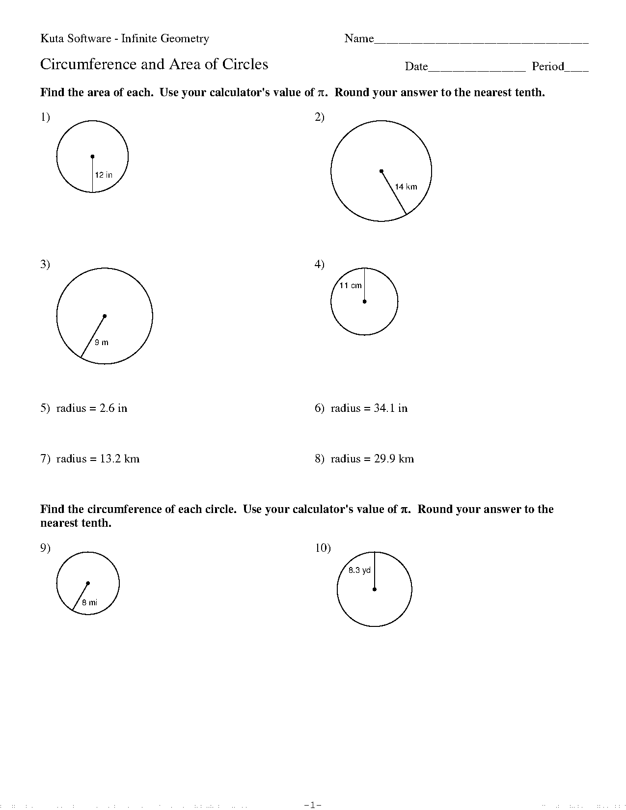 circumference and area of a circle worksheet kuta