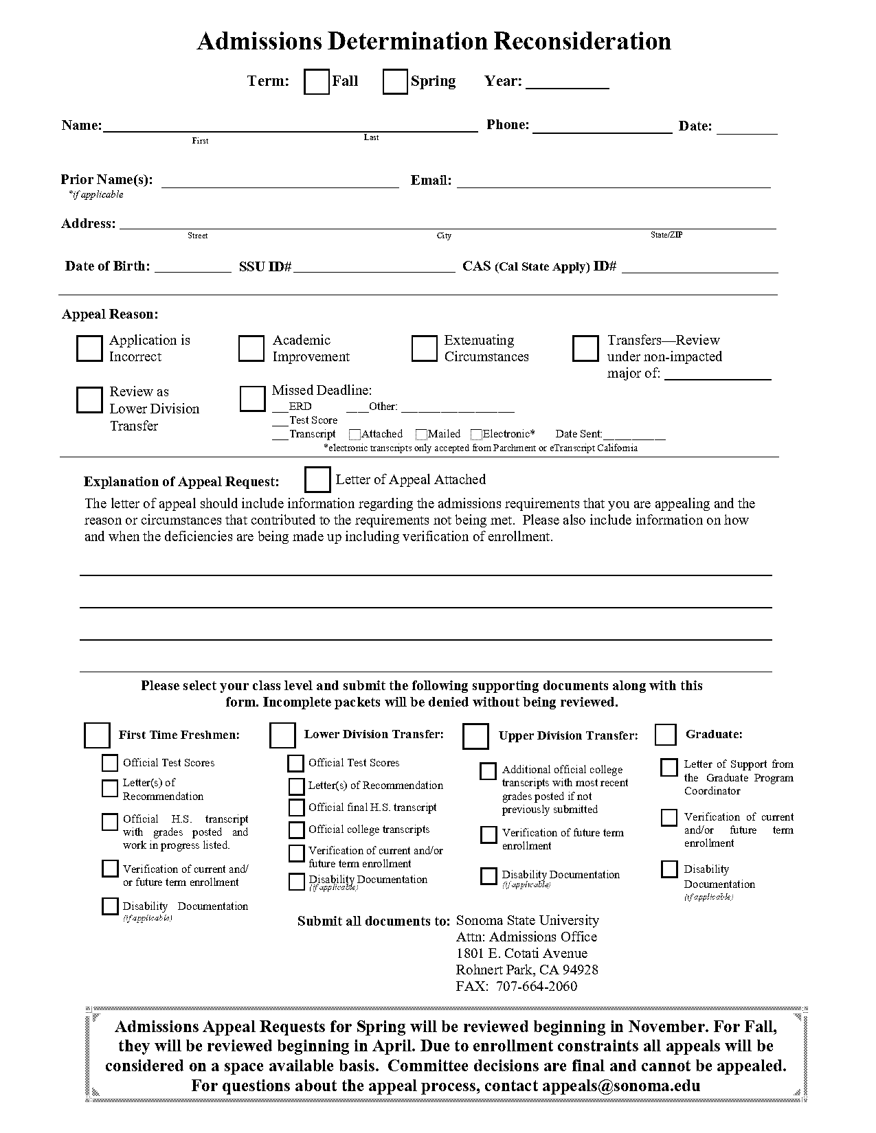 sonoma state application appeal request