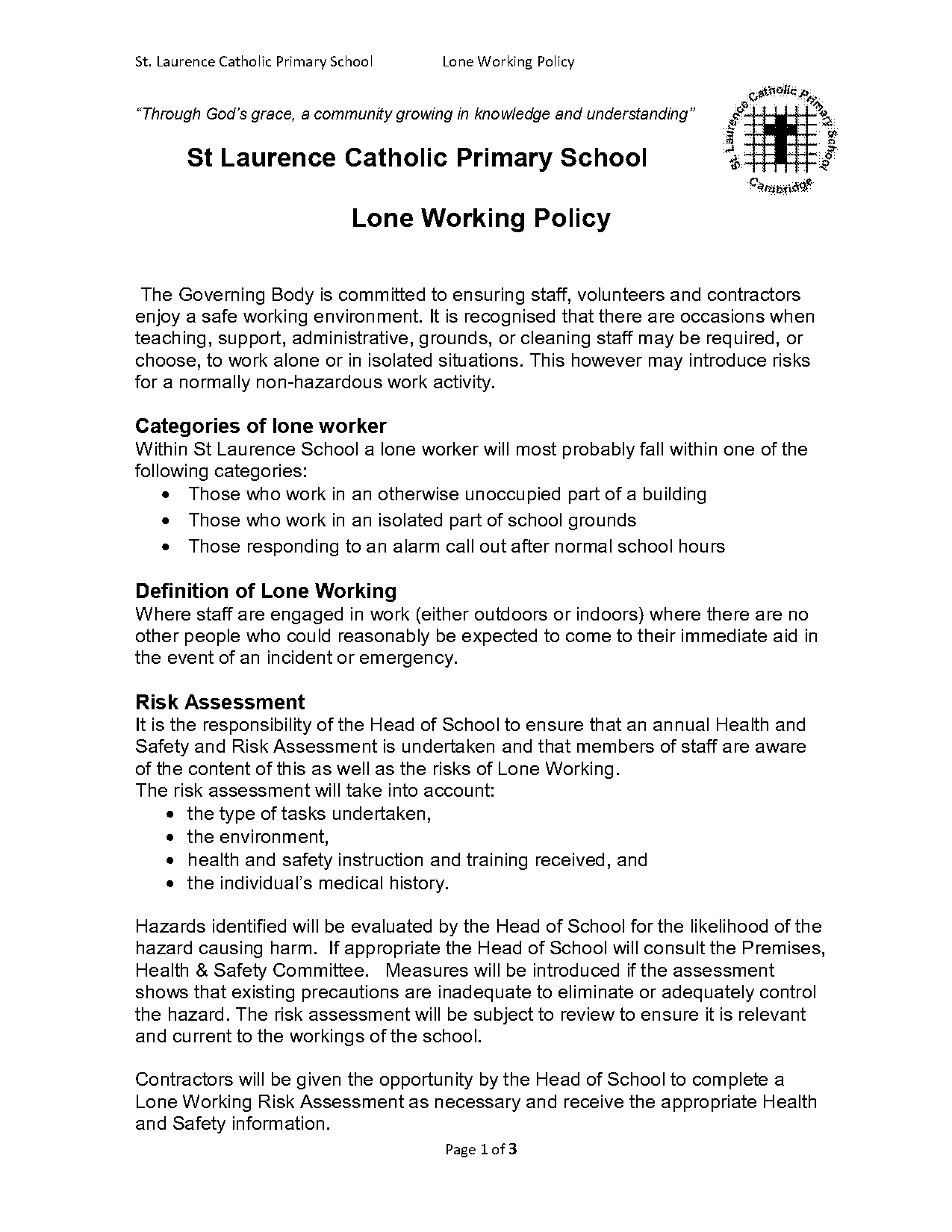 school lone working policy