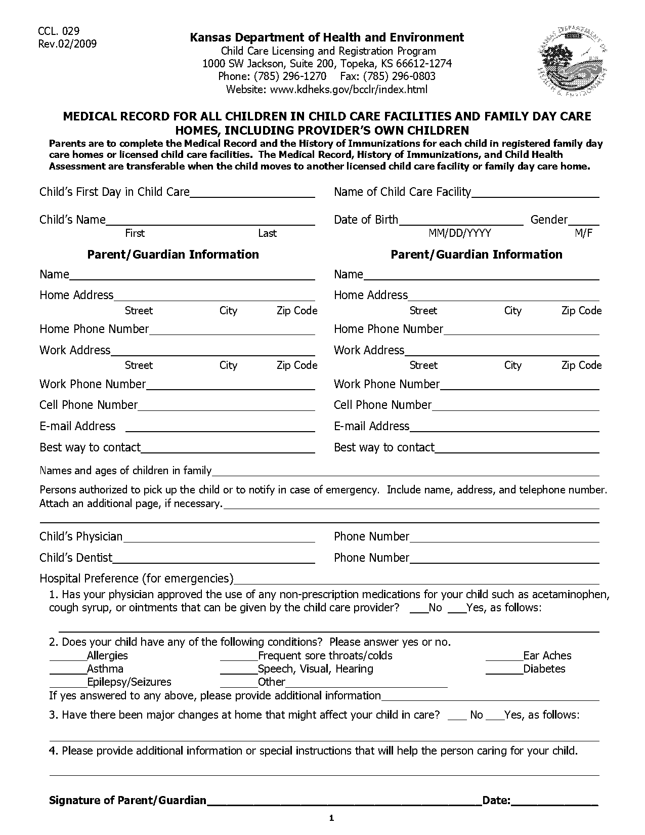 kansas department of health and environment child care forms