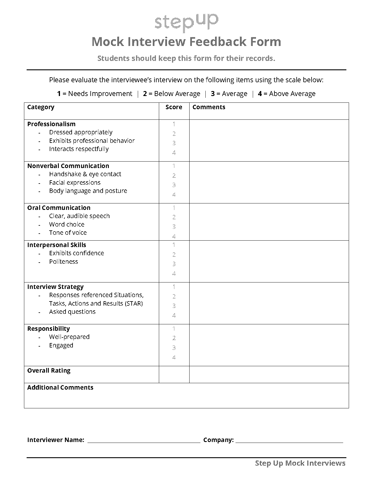 mock interview evaluation form sample