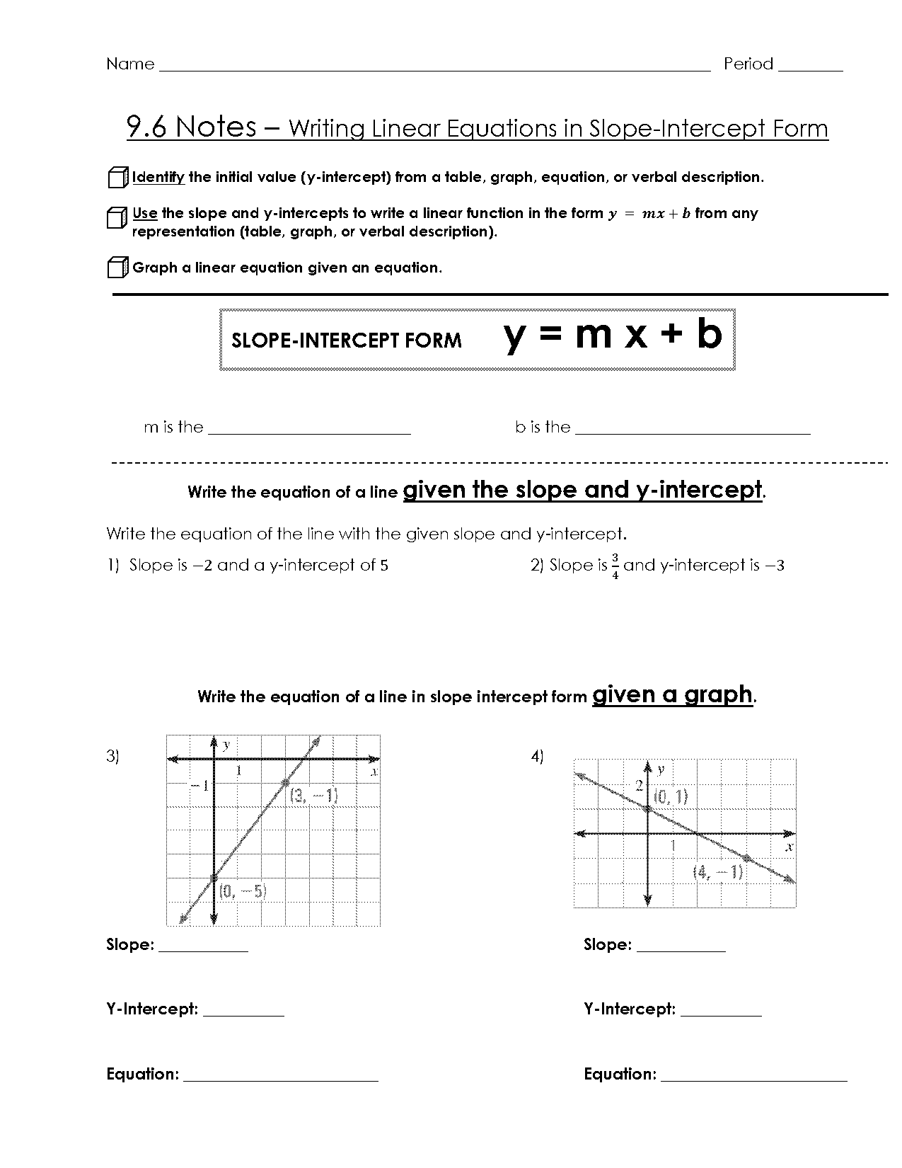 finding slope and y intercept from a table worksheet answers