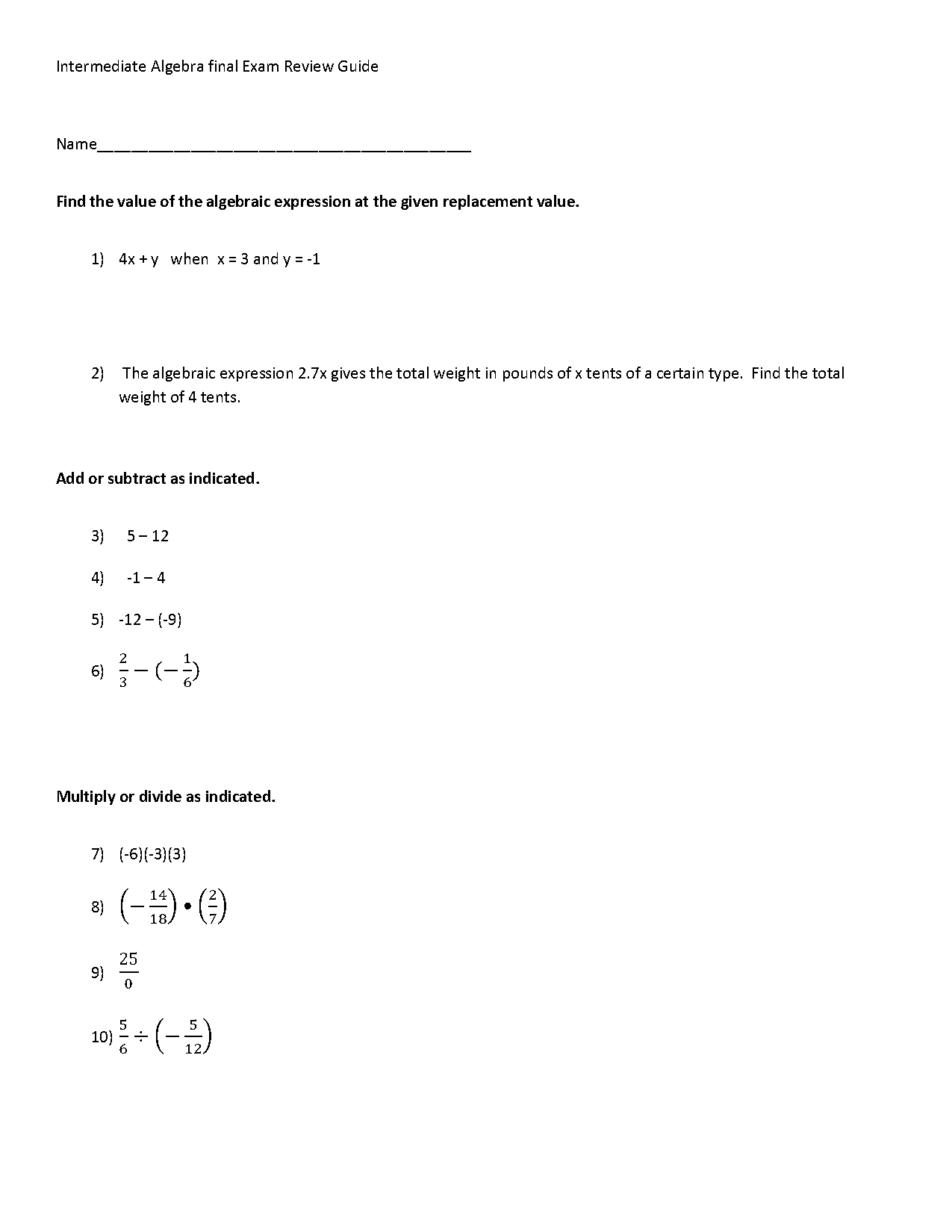 intermediate algebra final exam study guide